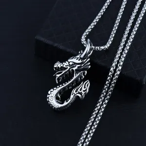 Detailed silver dragon pendant necklace in stainless steel with round box chain for men