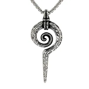 Collier avec pendentif sceptre serpent en acier inoxydable fini argent antique