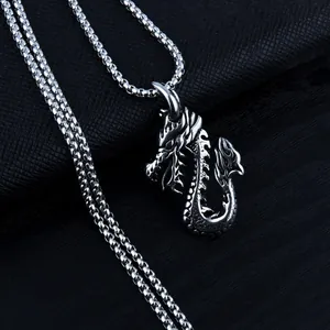 Macro detail of silver dragon pendant showing textured scales on box chain necklace
