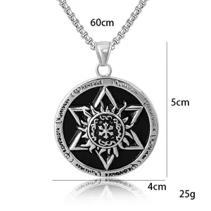 Men's stainless steel hexagram sun pendant necklace with circular engraved border