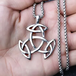 Odin Triple Horn Celtic knot pendant necklace with silver box chain for men and women