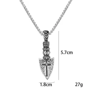 Vintage silver stainless steel arrow necklace with cross engraving and size dimensions