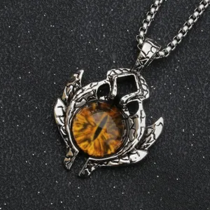 Retro silver Evil Eye pendant necklace with yellow dragon eye stone and metal box chain