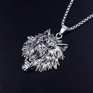 Detailed close-up of retro stainless steel wolf head pendant with intricate silver texture