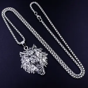 Retro punk rock wolf head pendant necklace in stainless steel with thick square bead chain