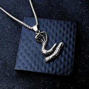 Vintage stainless steel king cobra snake pendant necklace with box chain for men