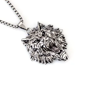 Detailed close-up of a silver wolf head pendant with intricate fur textures and steel chain
