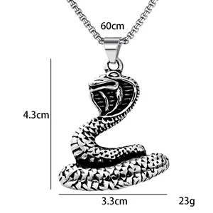 Vintage stainless steel king cobra snake pendant necklace for men with 60cm chain