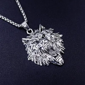 Vintage punk wolf head pendant necklace in silver stainless steel with box chain