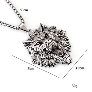 Vintage stainless steel wolf head pendant necklace with 60cm box chain for men