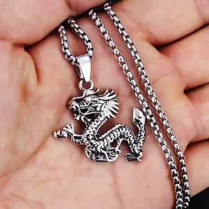 Collana con ciondolo a forma di drago cinese in acciaio inossidabile lucido stile punk uomo