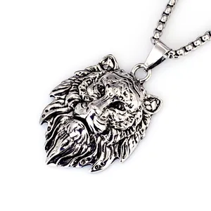 Collana con ciondolo a testa di leone da uomo in acciaio inossidabile nero vintage