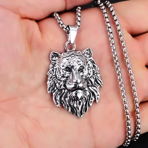 Collana da uomo con pendente testa di leone vintage in acciaio inox e catena