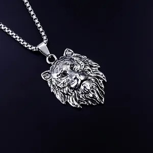 Collana con ciondolo a testa di leone in acciaio inossidabile argento da uomo