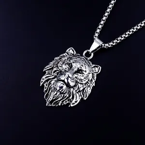 Collana da uomo con pendente a testa di tigre in acciaio inox con catena box