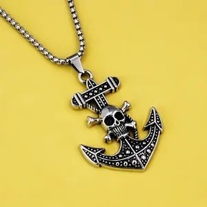Collana Vintage da Uomo in Catena di Acciaio Inossidabile con Pendente a Teschio e Ancora Punk Gotico Totem Animale Gioiello