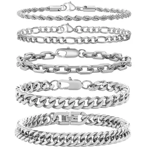 5-piece silver stainless steel chain bracelet set featuring Cuban and Figaro links