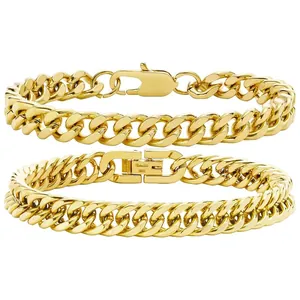 Polished gold stainless steel Cuban link bracelet set for men and women in two widths