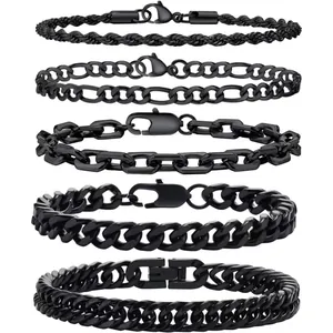 Set of 5 black stainless steel Cuban and Figaro link chains for men and women