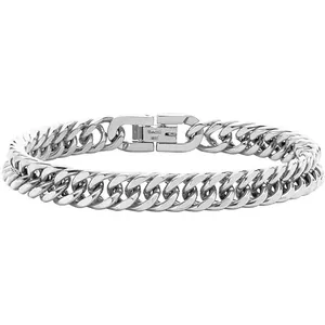 Detail of silver 316L stainless steel Cuban link bracelet set showing clasp and metal texture