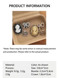 Detail view of retro brooch set featuring cameo portraits, pearl bows, and rhinestone crowns