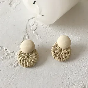 Retro handmade wood and woven rattan round geometric earrings for women in beige