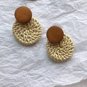 Handmade bohemian style geometric round wood and woven rattan stud earrings