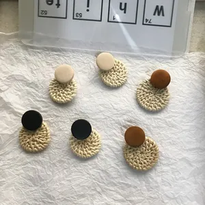 Bohemian Rattan Woven Wood Stitching Geometric Round Stud Earrings For Women Vintage Pastoral Style Beach Vacation Jewelry