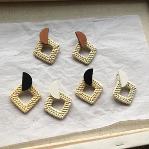 Handmade bohemian rattan square drop earrings set with semicircular geometric accents