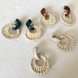Bohemian Resin Rattan Woven Stud Earrings Vintage Geometric Handmade Straw Drop Earrings For Women Summer Vacation Jewelry