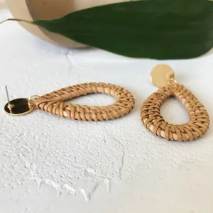Handmade teardrop rattan drop earrings with gold metal studs in bohemian style