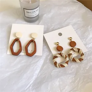 Vintage Wooden Rattan Braided Drop Earrings For Women Geometric Splicing Bohemian Style Korea Fashion Ear Studs Jewelry Accessories