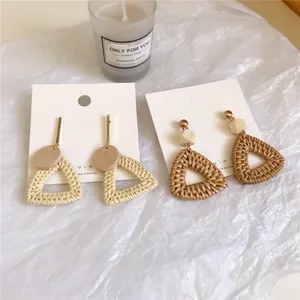 Bohemian Handmade Woven Rattan Drop Earrings For Women Geometric Triangle Round Wood Alloy Jewelry With 925 Sterling Silver Earring Post