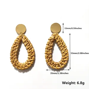 Detailed size specifications for handmade woven rattan teardrop earrings in 53x35mm