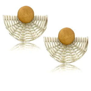 Bohemian rattan woven fan-shaped earrings with a brown round stud on white background