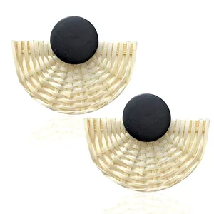 Handmade woven rattan fan-shaped drop earrings with black stud for women