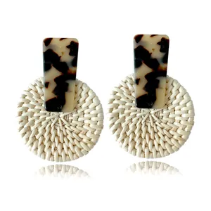 Bohemian rattan drop earrings with tortoise shell acetate stud and woven straw circular charms