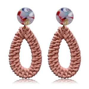 Colorful acrylic marble studs with large drop-shaped rattan woven pendants earrings