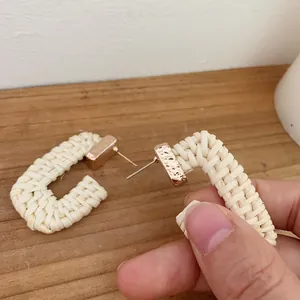 Handmade Bohemian cream woven rectangle earrings with gold hammered metal studs