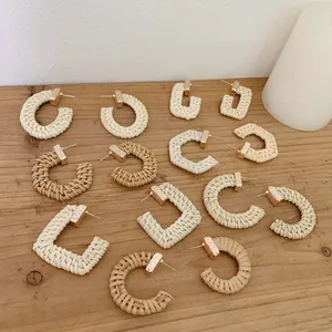 Bohemian rattan hoop earrings set with geometric round and C-shape woven designs