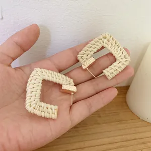Bohemian square handmade rattan drop earrings with hammered gold metal studs for women
