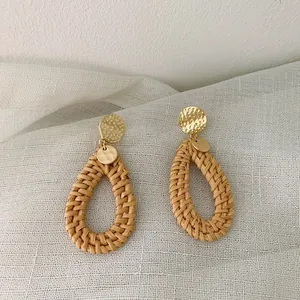 Bohemian geometric teardrop rattan earrings with hammered gold metal studs for women
