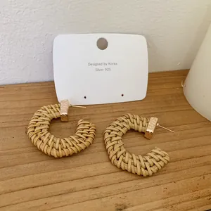Handmade bohemian geometric rattan woven hoop earrings with gold metal and 925 silver needle