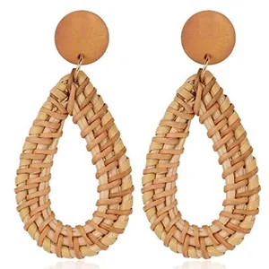 Bohemian teardrop rattan woven earrings with wooden studs in natural brown finish