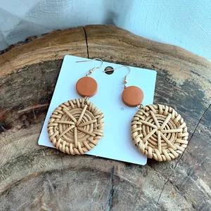 Bohemian Woven Rattan Drop Earrings Handmade Straw Geometric Wood Statement Summer Beach Vacation Jewelry