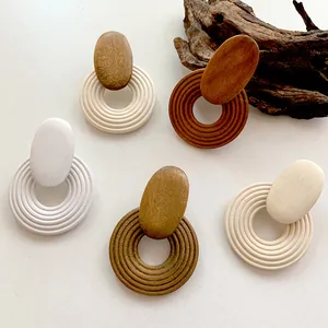 Vintage Geometric Wooden Spiral Drop Earrings Bohemian Circular Wood Dangle Earrings Retro Statement Jewelry For Women
