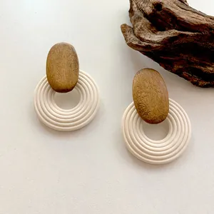 Minimalist geometric circular wooden drop earrings with matte resin rings for women