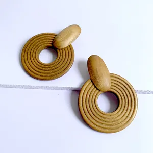 Detailed view of large round wooden earrings featuring concentric textured grooves