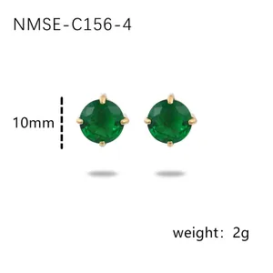 Detailed view of 10mm round emerald green zircon earrings with 18K gold plated prong setting