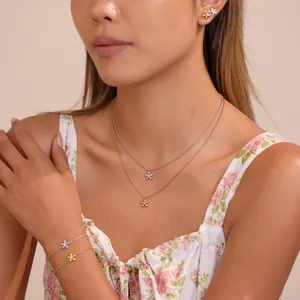 Stainless Steel Flower Zirconia Jewelry Set For Women Gold Silver Plated Floral Pendant Necklace Bracelet Stud Earrings